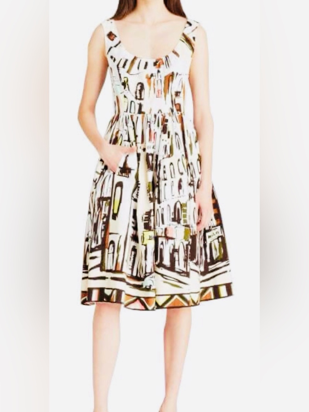 kate spade gorgeous White Midi Dress with Multicolor Cityscape Print size 14